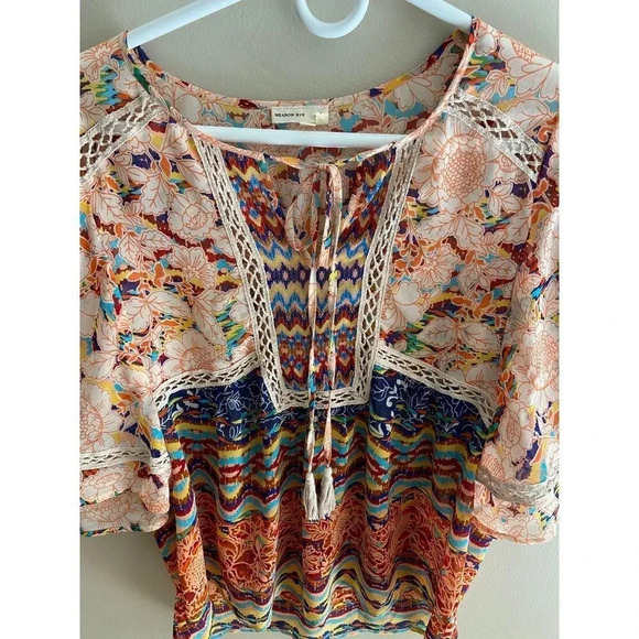 Meadow Rue Anthropologie Small Boho Tassel Ruffle Sleeve Top - Picture 9 of 11